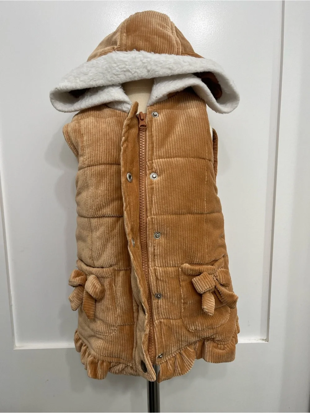 Corduroy Hooded Puffer Vest with Sherpa Lining - Camel